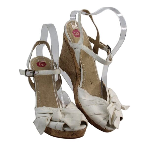 BP Nordstorm Off White Canvas Bow Tie Fab Open Toe Strappy Platform Wedge Heels - Picture 2 of 9
